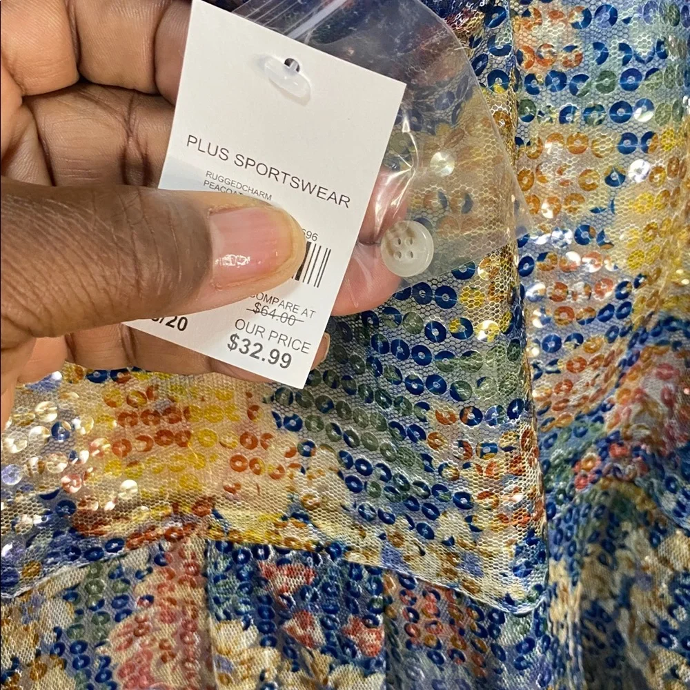 NWT Plus Size Floral Sequin Button-Up Shirt - Picture 6 of 6